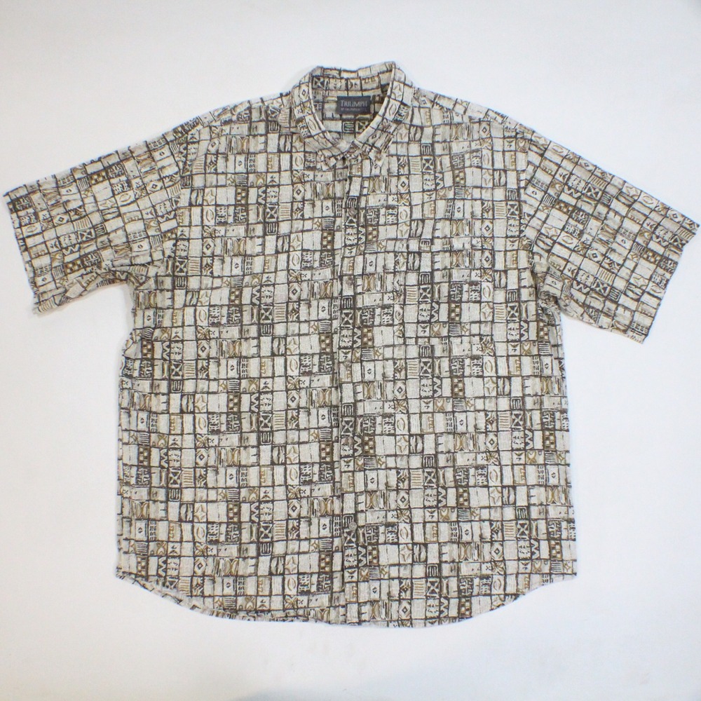 Triumph of California Mens Large Brown Tribal Geometric Print Button Down Shirt